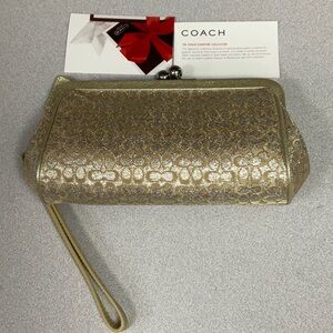 COACH Gold Metallic Signature Wristlet Clutch